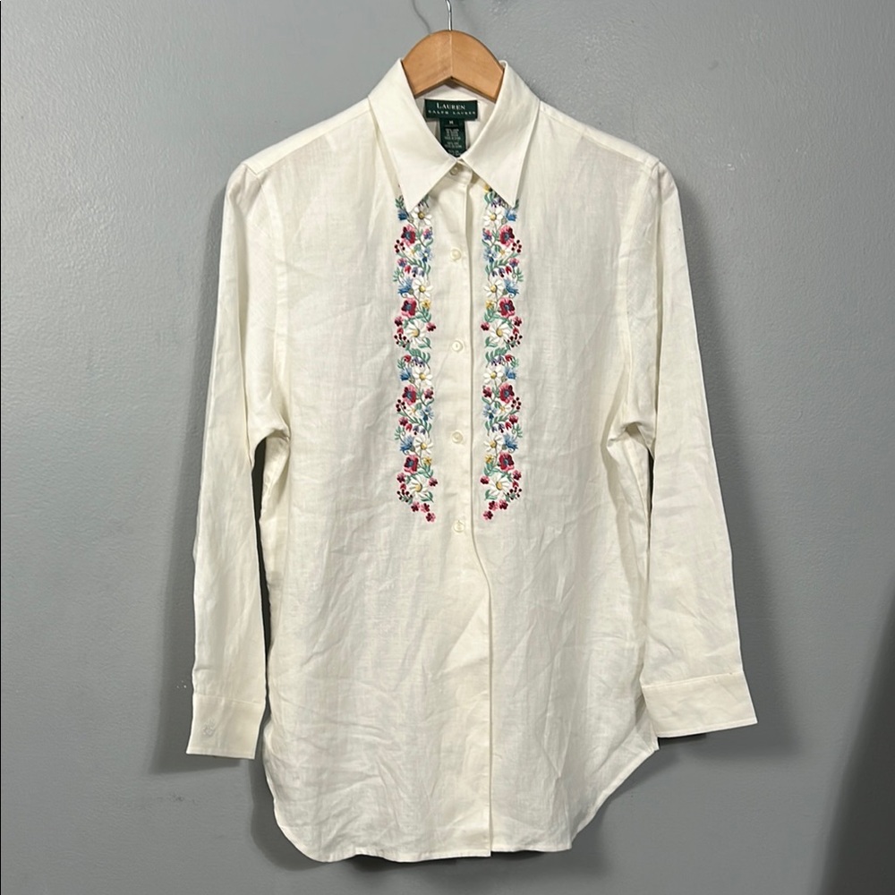 VTG Lauren Ralph Lauren Linen Cream Casual Button Down Shirt with Embroidery M